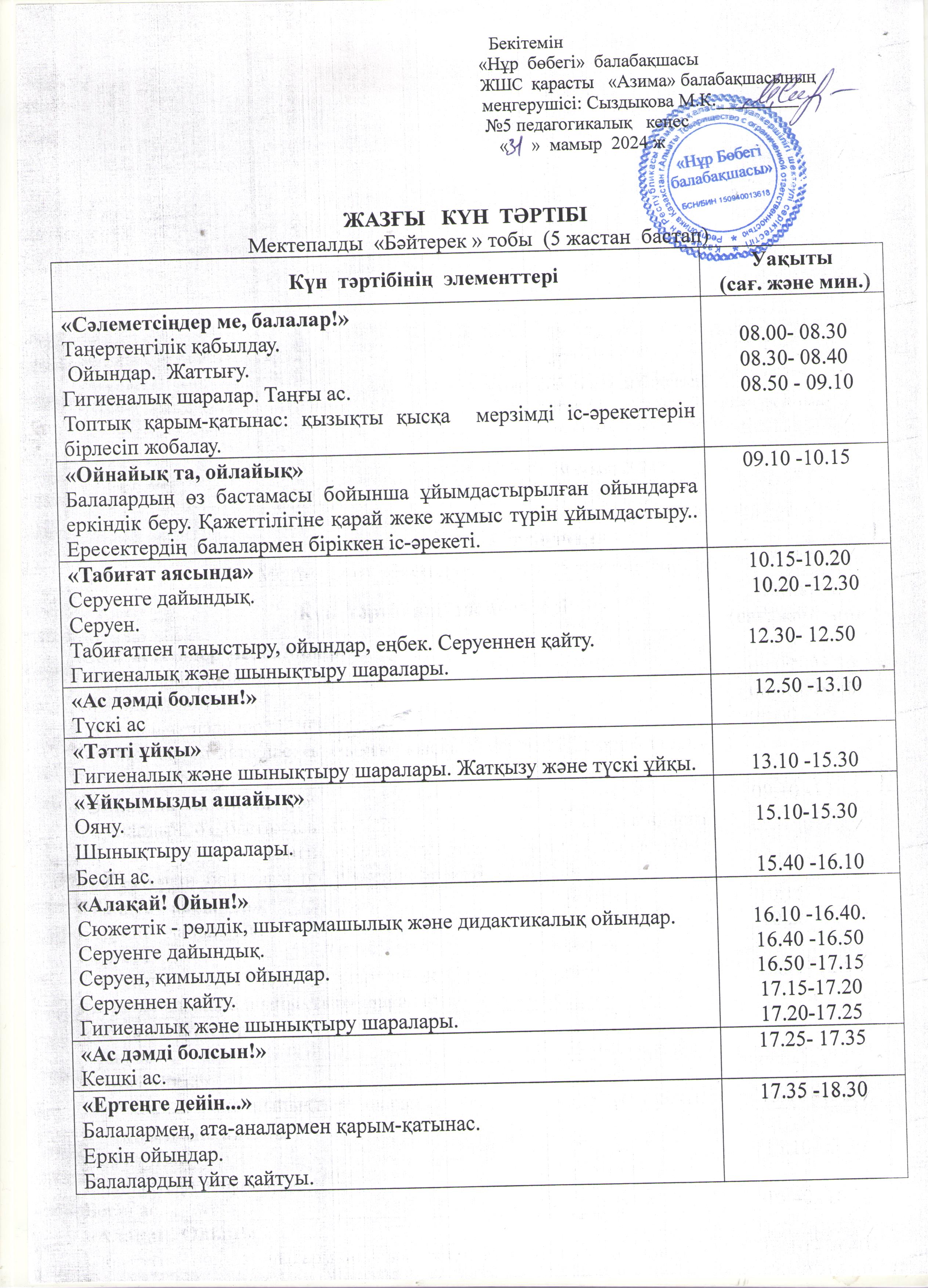Мектепалды "Бәйтерек" тобының жазғы күн тәртібі