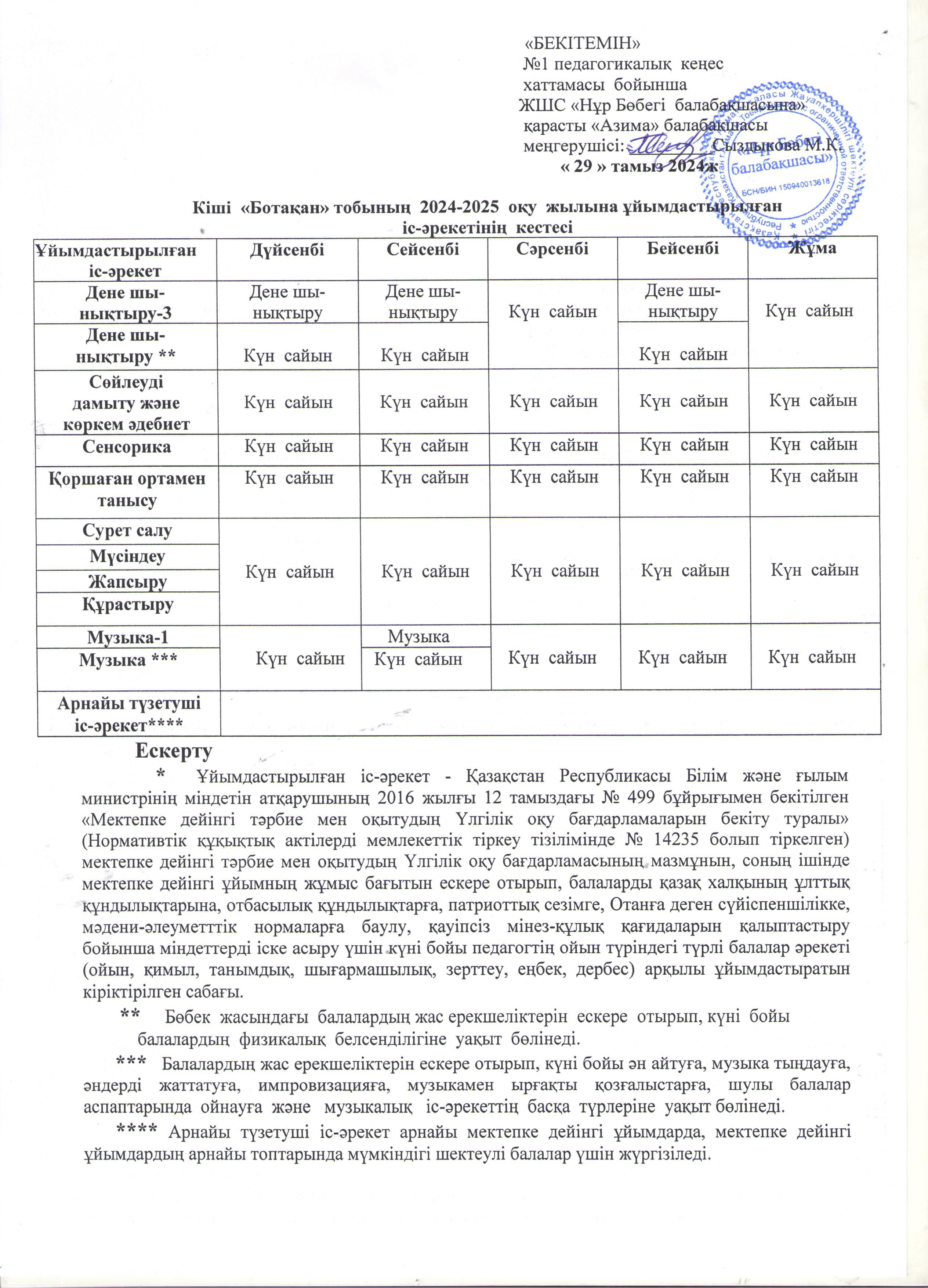 2024-2025 оқу  жылына  ұйымдастырылған   іс-әрекетінің  кестесі